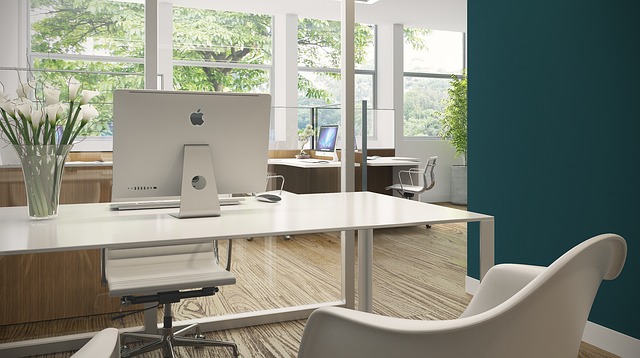 kancelář, apple monitor, bílá židle
